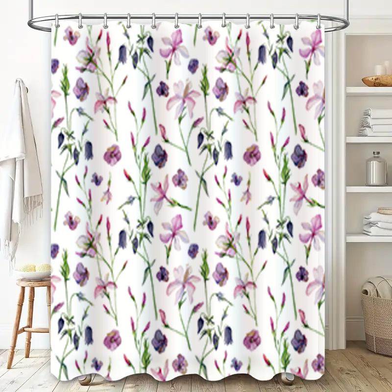 Floral Print Shower Curtain Watercolor Flowers Pink Purple White Bath Decor Home Decoration