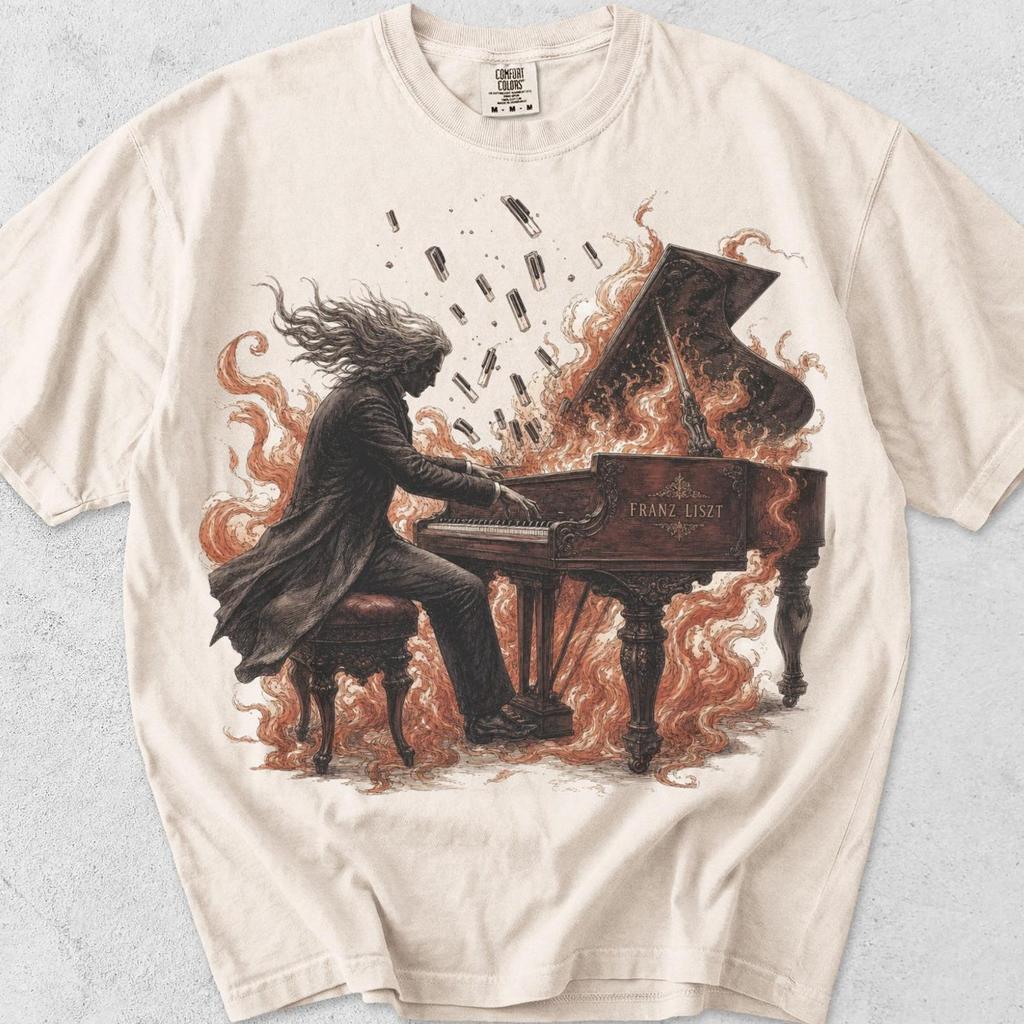 Franz Liszt Piano Shirt: Leaping Flames Graphic Tee, Vintage Cotton Comfort Colors