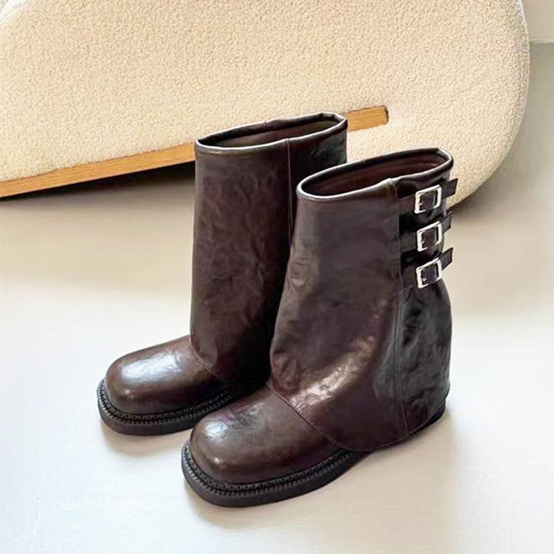 Autumn and Winter New Fashionable Retro Old Polished Belt Buckle Medium Boots Women's Thick Heel Knight Trouser Leg Boots Martin