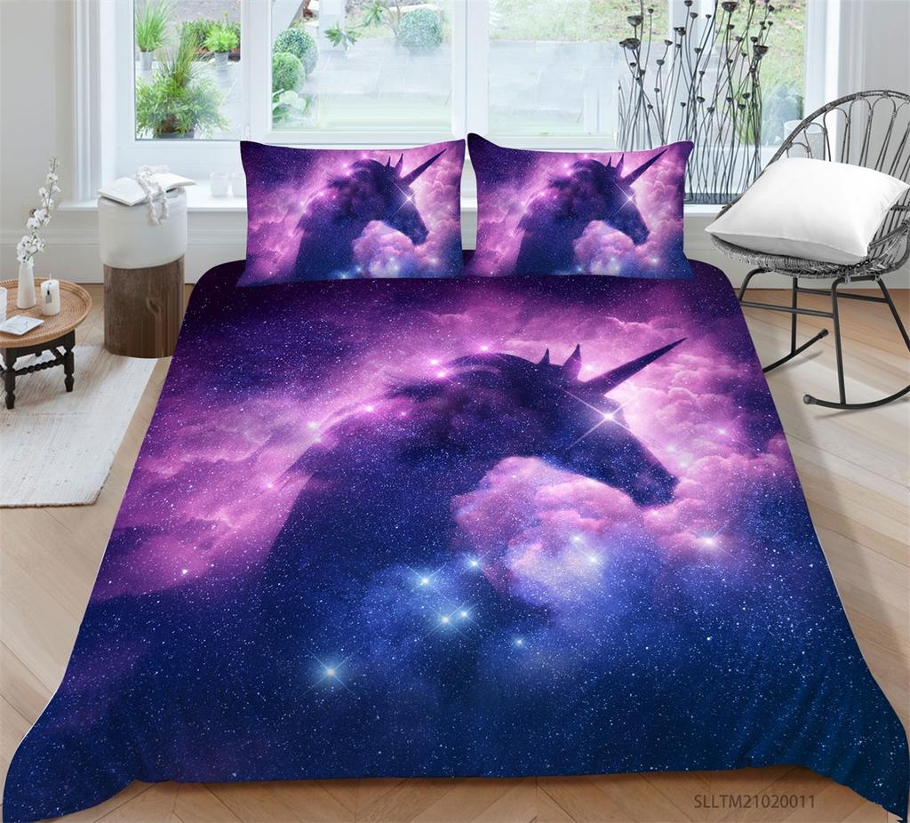 3D Unicorn Theme Bedding Set Cartoon Animal Duvet Cover and Pillow Case 2/3 Pieces Soft Home Decoration for Girls' Room