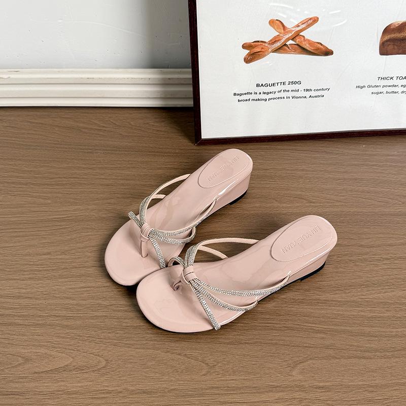 French rhinestone slope heel cool slippers summer new fairy style temperament toe with skirt slippers
