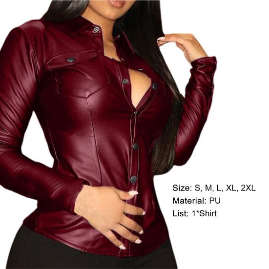 Женская рубашка однотонная приталенная из искусственной кожи крутая блузка с V-образным вырезом для повседневной носки