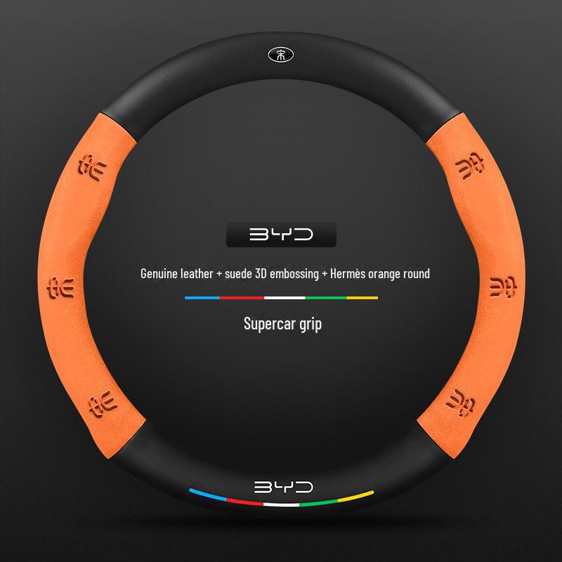 Compatible BYD Qin, Han, Tang, Song, Yuan E2 Destroyer Dolphin Leather Steering Wheel Cover with 3D Embossing