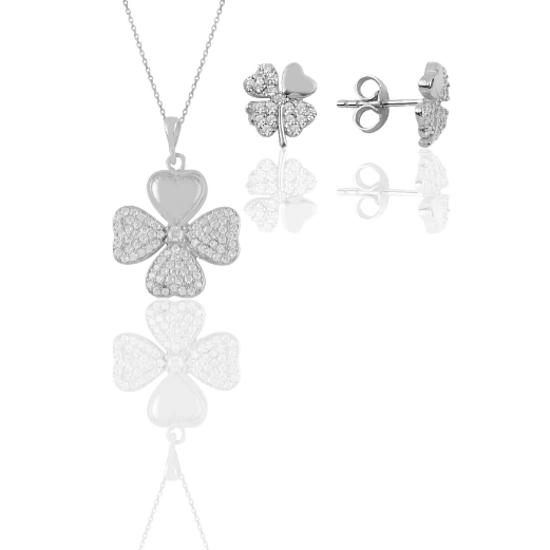 Silver Rhodium-plated Zircon Stone Clover Necklace and Earrings Double Set
