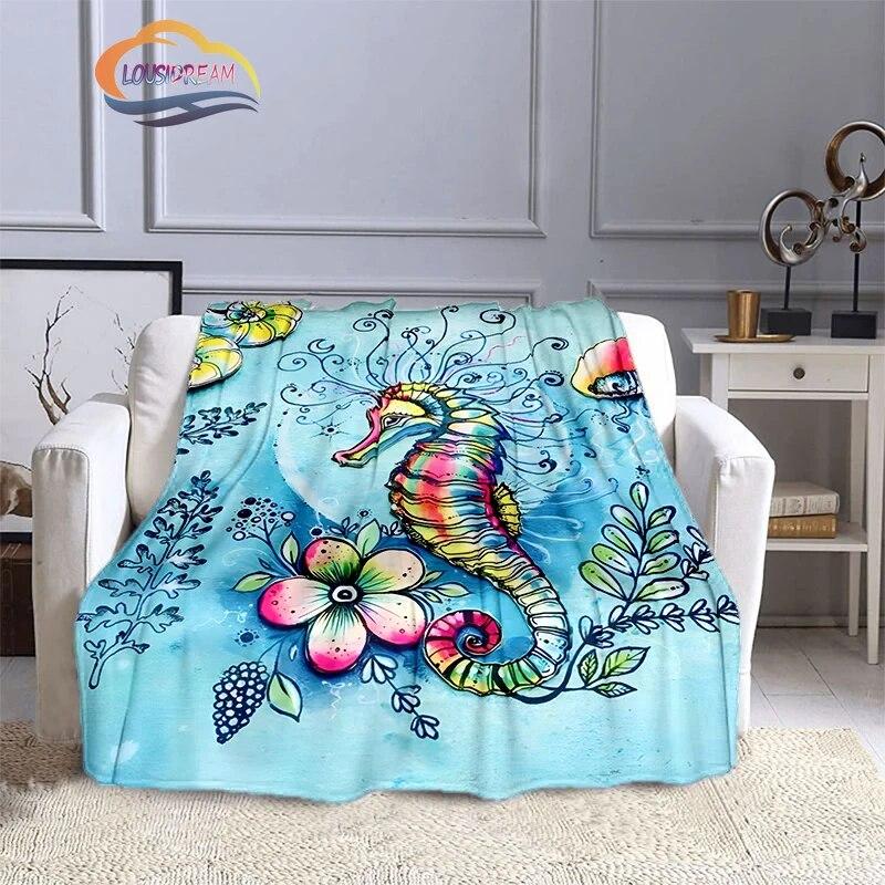 Marine Animal Sea Horse Blankets Super Soft Hippocampus Flannel Blanket Warm Lightweight Kids Bedding Sofa Chairs All Seasons