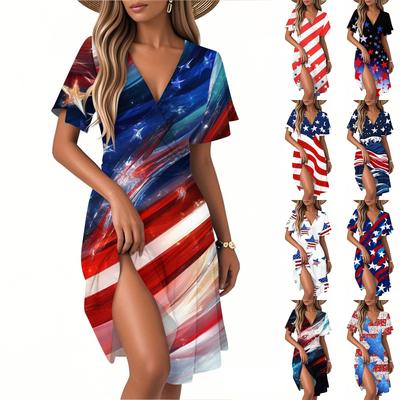 Женское летнее модное платье с принтом ко Дню независимости, повседневное пляжное А-силуэта с V-образным вырезом, свободный сарафан