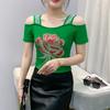 Streetwear Girl Summer Chic Clothes Mesh T-Shirts Shiny Flower Hot Diamonds Women's Tops New Sexy Off Shoulder Short Sleeve Tees