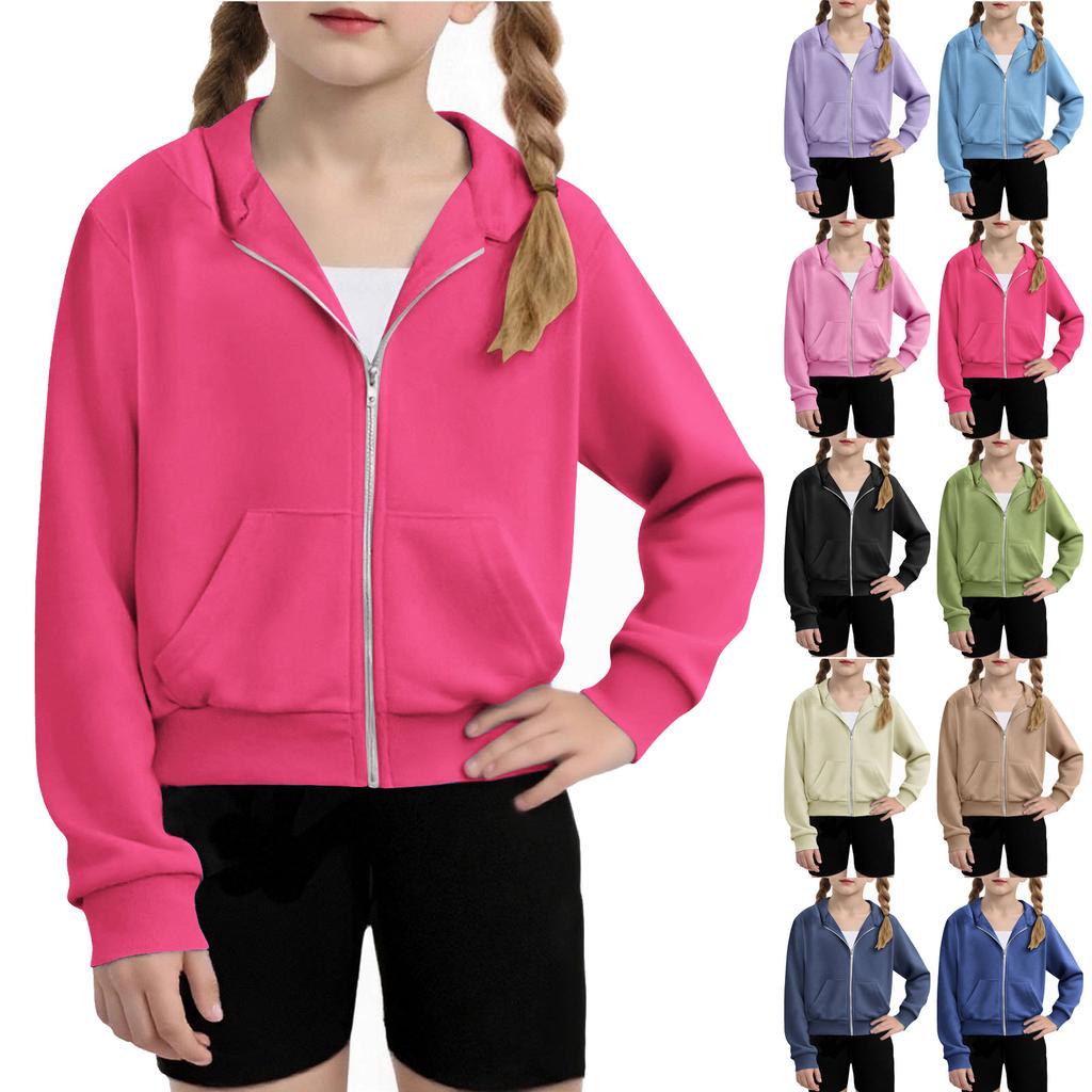 Children's Fashion Solid Color Long Sleeved Hooded Sweatshirt, Girls' Hoodie Jacket