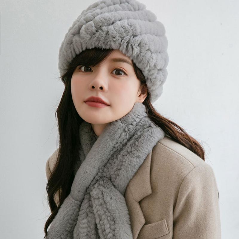 Шарф-шапка из шерсти кролика Рекс, комплект из двух предметов, зимняя женская шапка среднего и пожилого возраста, плетеная эластичная теплая утолщенная шапка из шерсти кролика Рекс