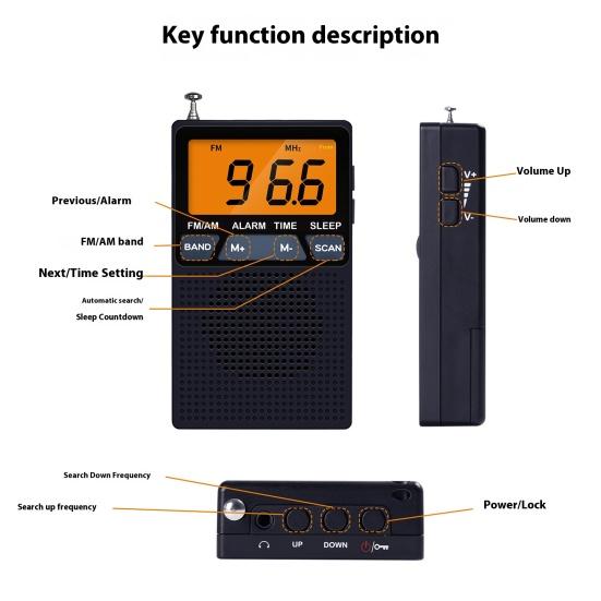Portable AM/FM Radio Mini 2 Band Radio with Speaker Multipurpose Time Display