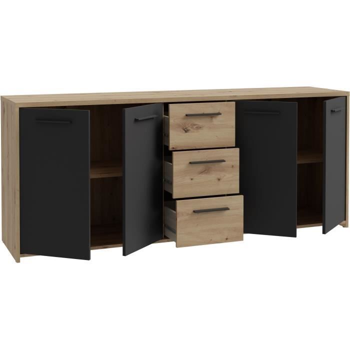 Buffet PILVI - Style contemporain - Particules mélaminé -Décor Chêne artisan et Noir- 4 portes + 3 tiroirs - L179,2 x P42 x H74,5