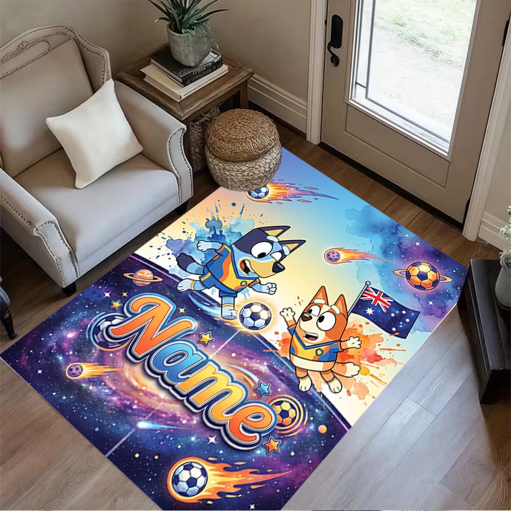 Bluey's Soccer Fun Customizable Name Floor Mat Suitable for Entryway Dormitory Dining Room Decorate room Anti-slip Rug Anime Office Decor