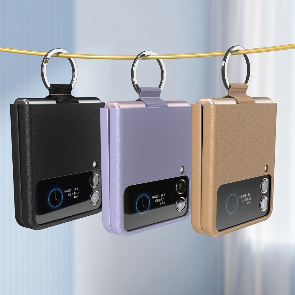 Genuine Cowhide Leather Phone Case for Samsung Galaxy Z Flip 3 Flip3 ZFlip3 Ring Lanyard Shockproof Separate Back Cover Shell