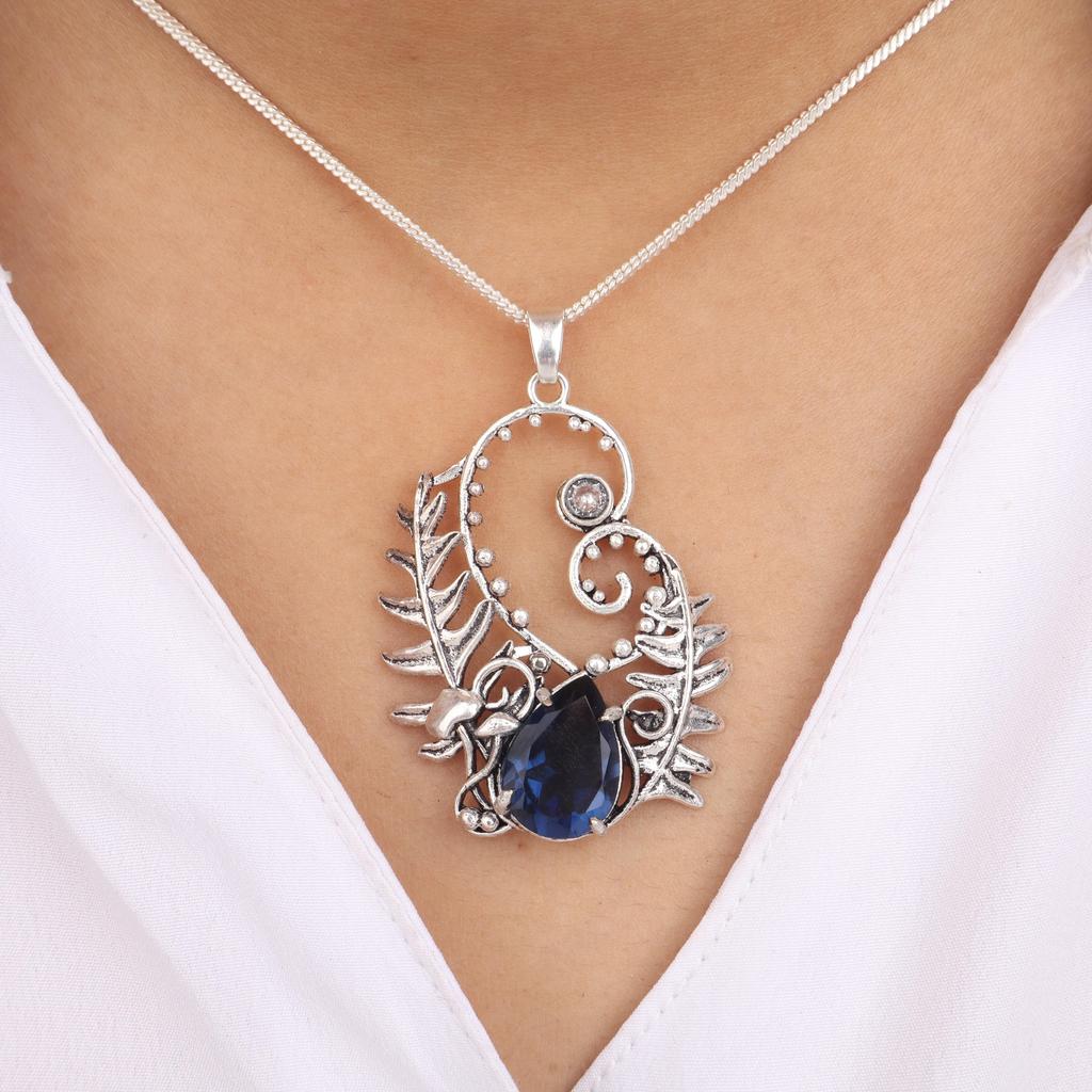 Серебряный кулон с топазом London Blue 1,8 дюйма, стерлинговое серебро 925 пробы, женские свадебные украшения, кулон с топазом для нее CP-42-9