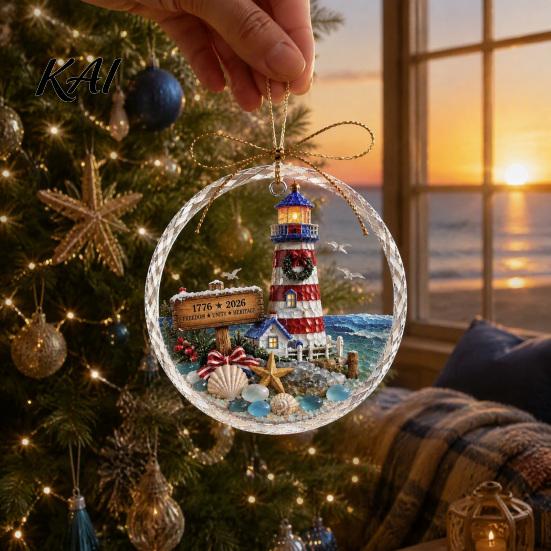 Retro Style Showcase Decoration 250 Anniversary USA Sea Glass Christmas Ornament, 1776-2026 Patriotic Faux Crystal Round Festive Pendant Clear