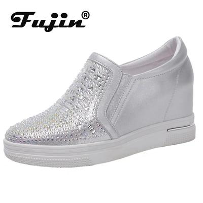 Fujin/7 см синтетические ботинки, женские весенние пикантные женские ботинки из натуральной кожи, модные ботильоны на платформе, блестящие туфли-лодочки на танкетке со стразами, осенние сапоги