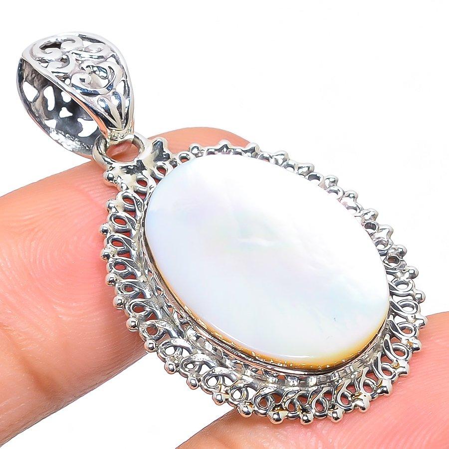 Natural Mother Of Pearl Gemstone 925 Solid Sterling Silver Pendant 1.77" P1N95