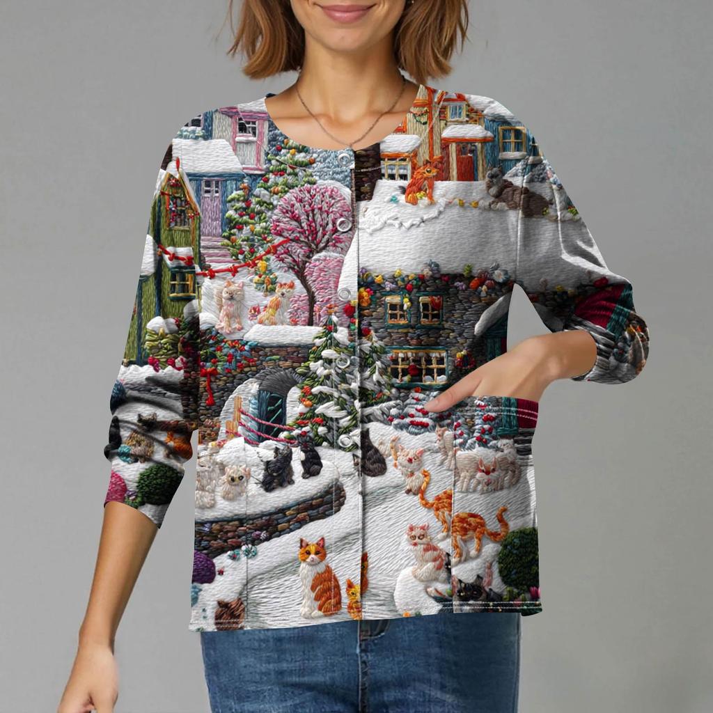 Women's Casual Long-Sleeved Single-Breasted Christmas-Themed Print Cardigan