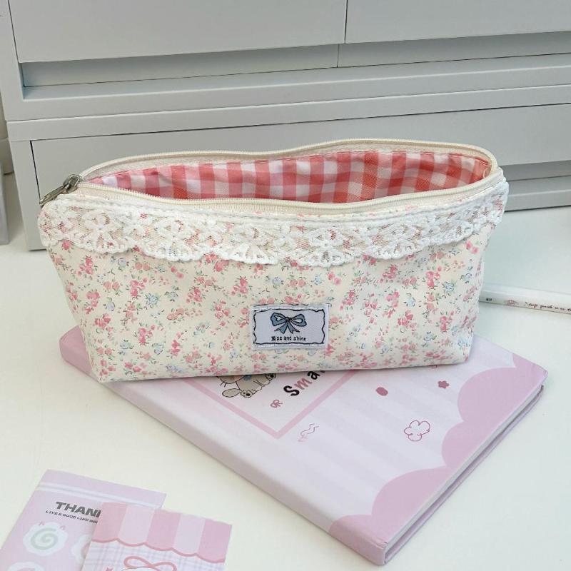Lace Trim Pink Floral Pencil Bag Ins Style Cute Girls Stationery Organizer Large Capacity Pen Pouch School Office Supplies