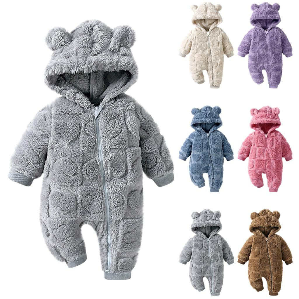 Baby Boy Girl Cute Bear Hooded Romper Snowsuit Infant Warm Fleece Jumpsuit