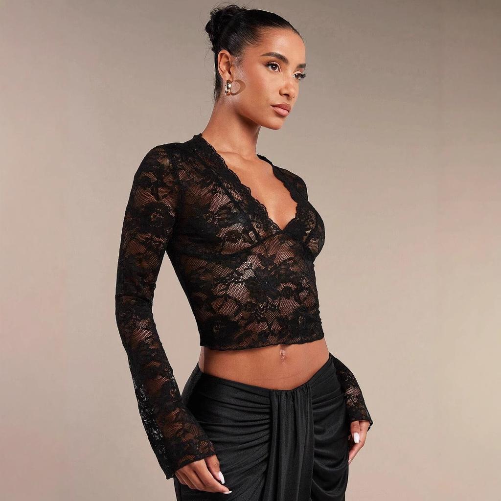 Spring Elegant Women's Solid Colour Sexy Transparent Lace V-Neck Tight Flare Long Sleeve T-Shirt