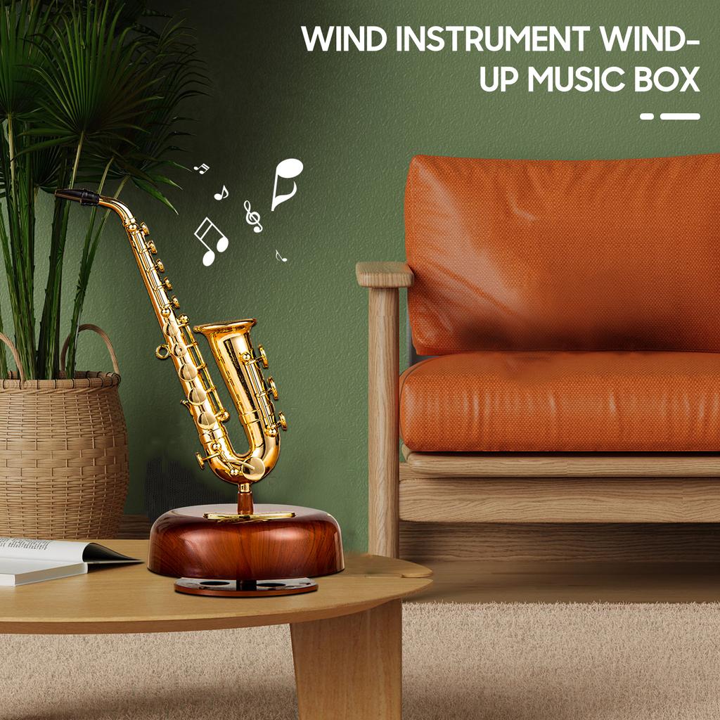 Saxophone Music Box Classical Wind Up Musicbox Twirling Music Box Rotating Base Woodwind Instrument Miniature Replica Artware