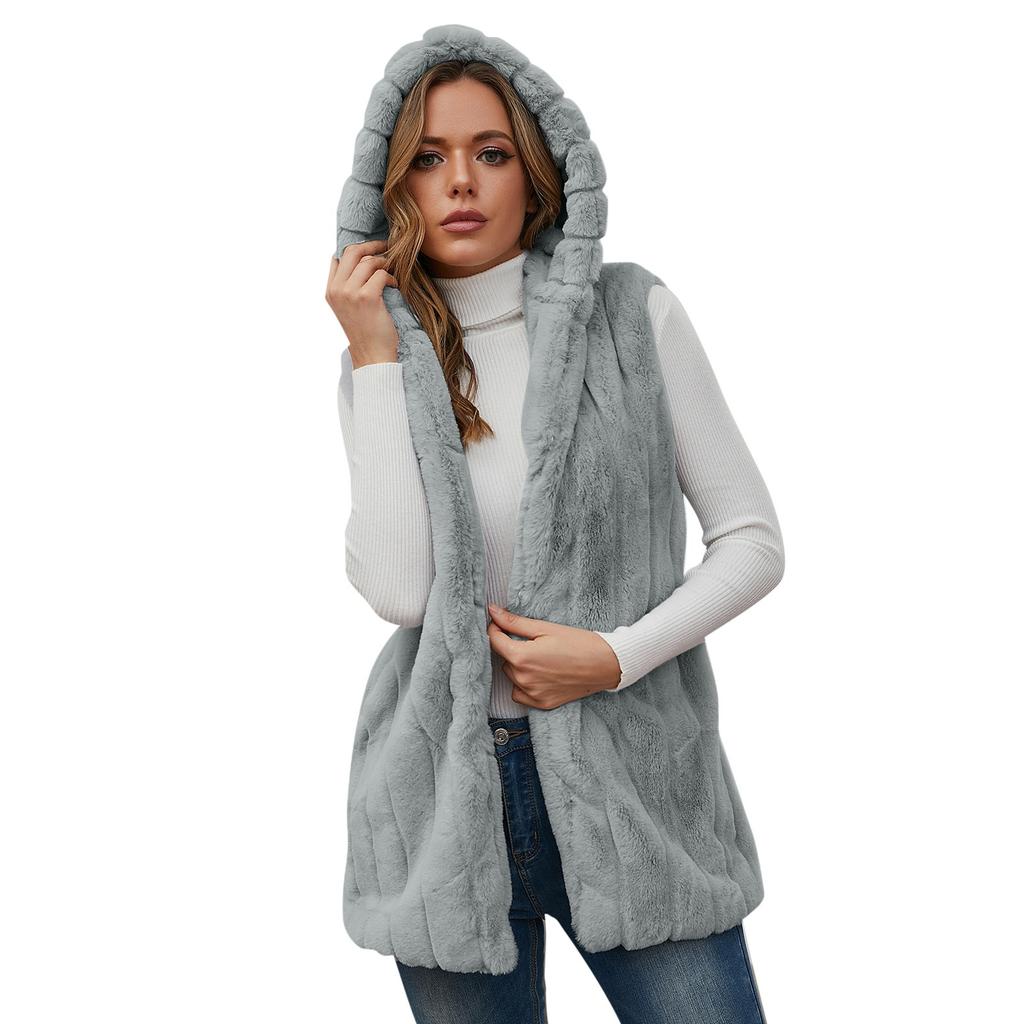 Женский осенне-зимний однотонный флисовый теплый парусиновый жилет с капюшоном