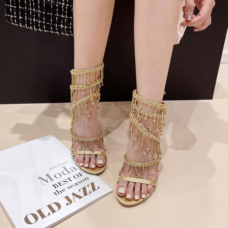 Модные женские босоножки с кисточками и кристаллами, украшенные бисером и ремешком на щиколотке, на высоком каблуке, сексуальные женские туфли для ночного клуба