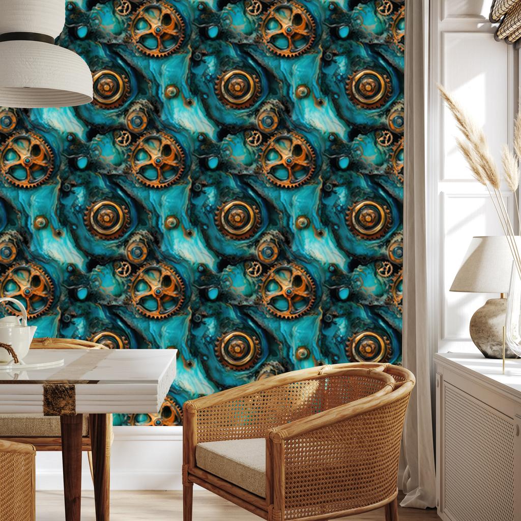 Turquoise, Sea and Ochre Ink Wallpaper for Living Room and Bedroom 50x1000