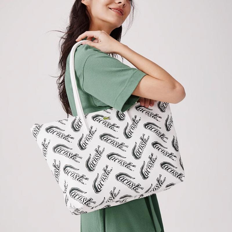 Lacoste Fashionable Versatile PVC Tote Bag Shopping Handbag Shoulder Bag Medium Women tote bags Off-White Dark-Green NF4204CX-F89