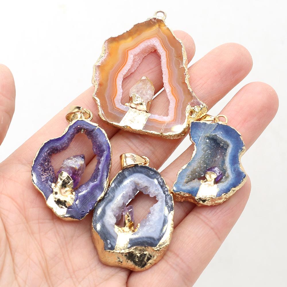 1Pc Energy Natural Agates Pendants with Amethyst, Fashion Handmade Irregular Druze Charms for Jewelry Making DIY Accessories Fit Necklaces Craft Gift