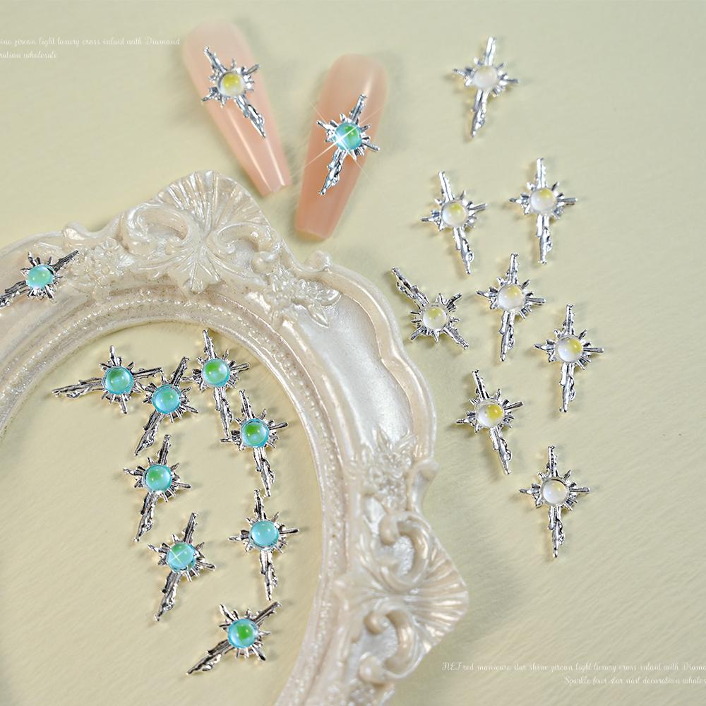 10 шт., стразы для ногтей с крестом и русалкой, 3D драгоценный камень Авроры, звездный свет, ювелирные изделия, детали для украшения ногтей, роскошные подвески «сделай сам», детали для ногтей