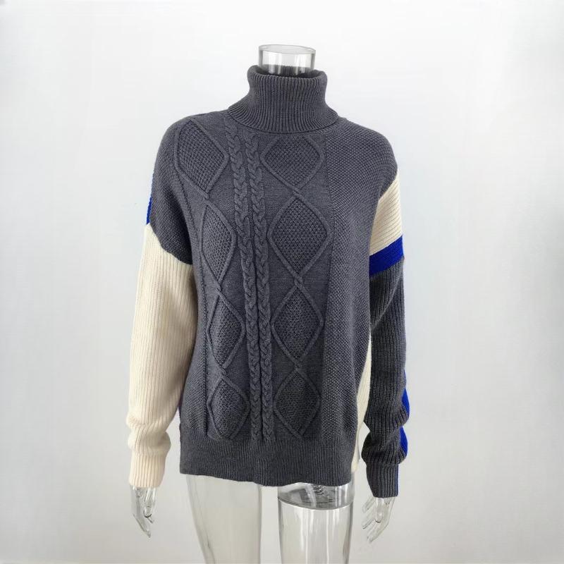 IHUASU Women's Autumn and Winter Long Sleeve Knit Sweater Pullover Twisted Rope Splicing Commuter High Neck Sweater