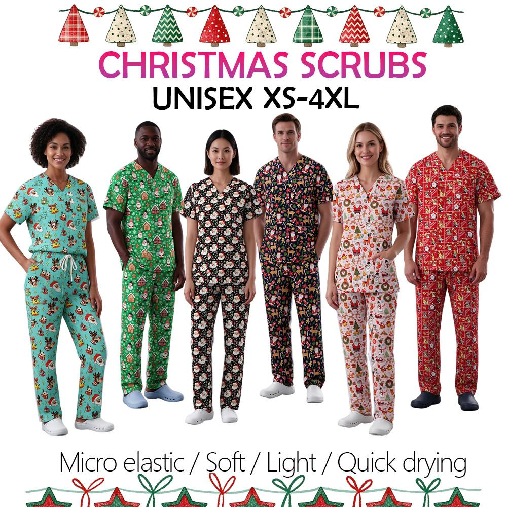 Cute Xmas Print Medical Scrub Set Festive Santa Snowflake V-Neck Nurse Workwear Suit Soft Breathable Surgical Uniform