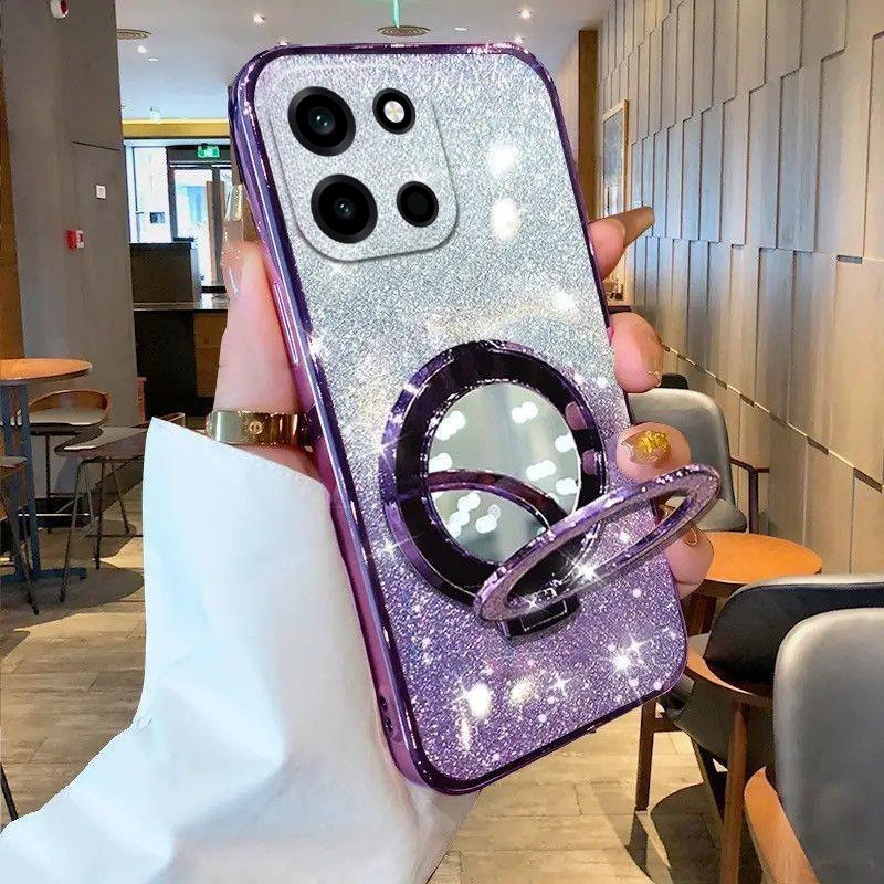 For OnePlus Nord6 Case with Makeup Mirror Holder Stand Luxury Shiny Gradient Plating Glitter Slim for OnePlus Nord 6 Back Cover