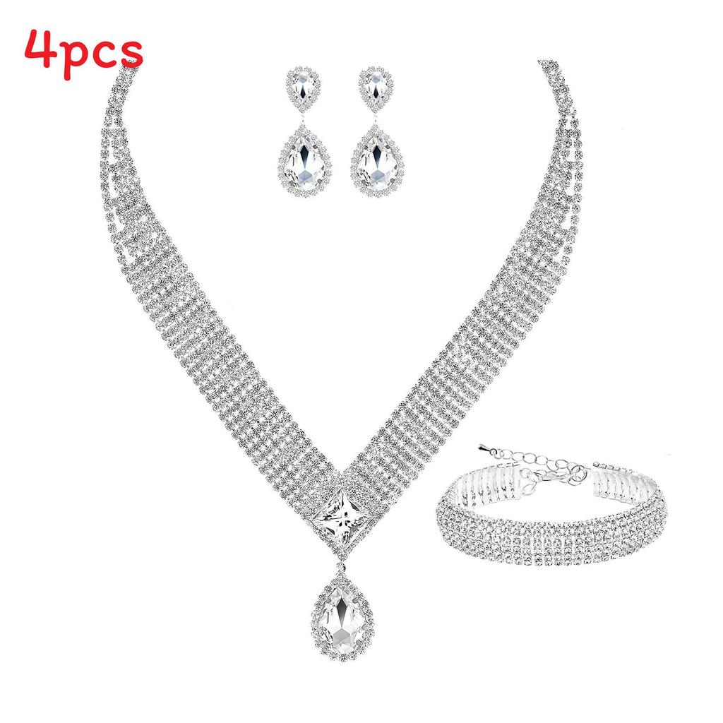 Water Drop Necklace Earring Bracelet Set With Zirconia For Bridal Wedding Dress Accessories