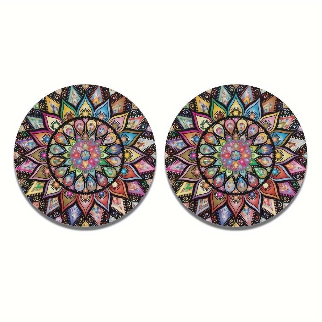 Retro Mandala Flower Absorbent Car Cup Holder Coaster Mats - Car Interior Accessories,Water Cup Coasters For Car Vehicles & Home Desk