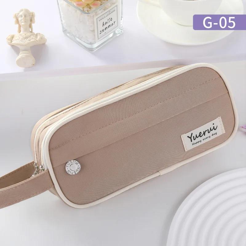 Student Solid Color Pencil Case Three-layer Large Capacity Pencil Cases Waterproof Durable Fabric Stationery Bag