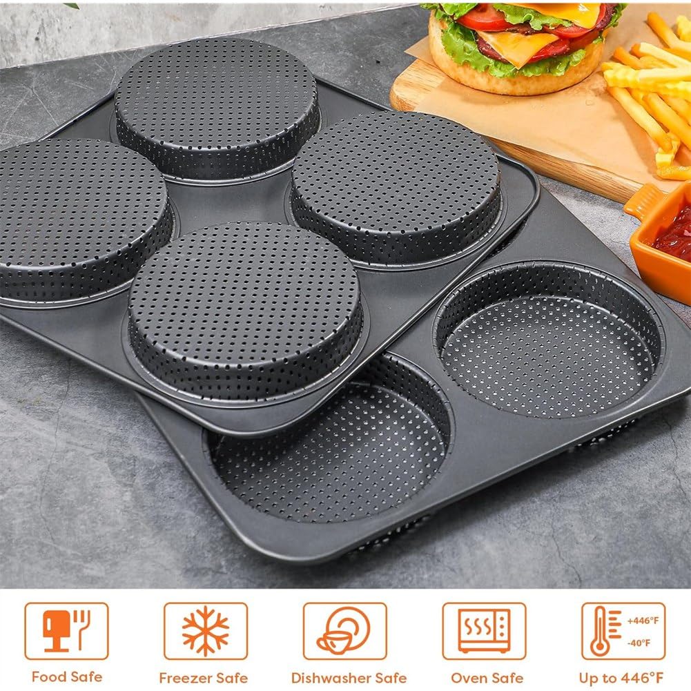 Large 5 Inch Hamburger Bun Pan Set of 2 Heavy Gauge Carbon Steel Nonstick Bakeware for Homemade Burger Buns Easy Release Muffin Top Tray for Baking