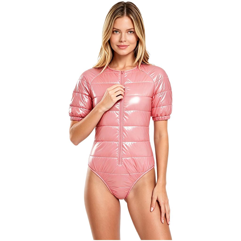 Womens Water Resistant Padded Bodysuit Zipper Front Round Neck Short Sleeve Leotard