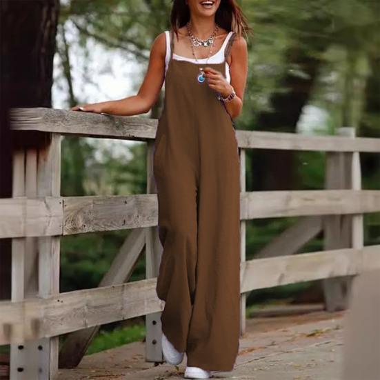 Lady Jumpsuit Collarless Spaghetti Strap Backless Sleeveless Loose Wide Leg Full Length Overalls Casual Daily Wear Outfit