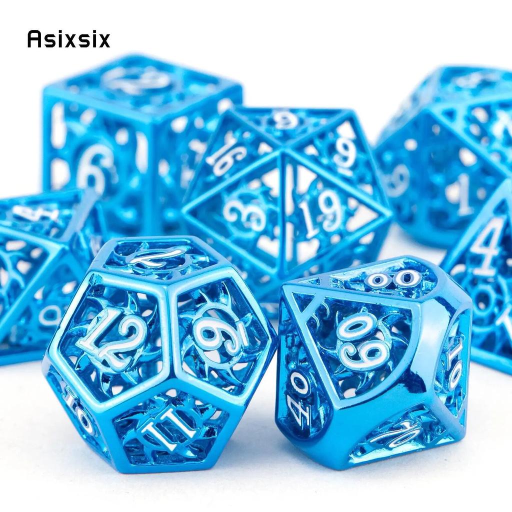 7 шт. сине-белые вращающиеся циклонные металлические кубики, набор полых металлических многогранных кубиков, подходящий для ролевой ролевой игры, настольной игры, карточной игры