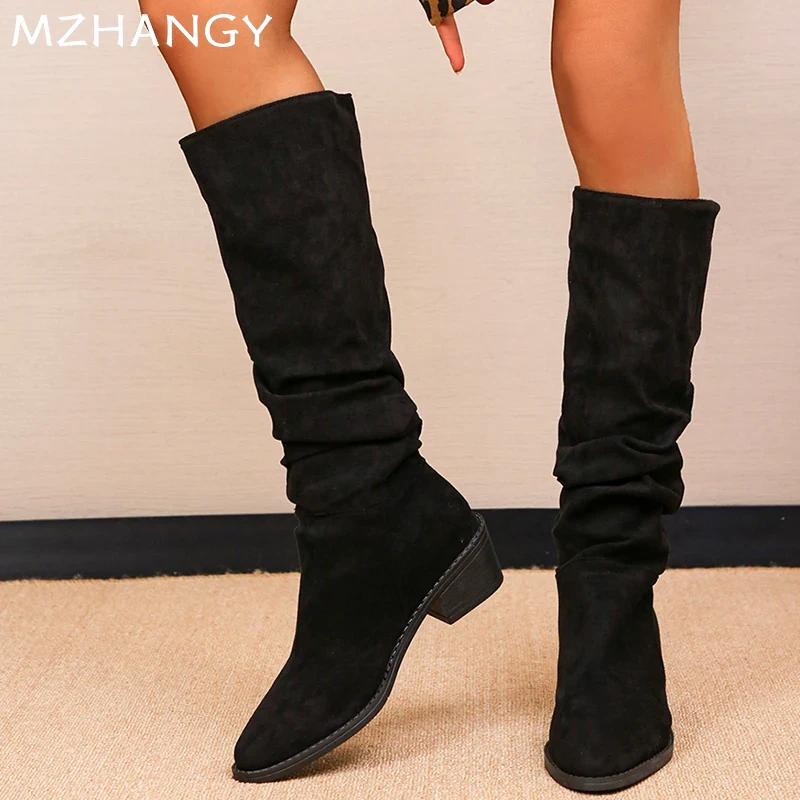 Женские замшевые леопардовые высокие сапоги на среднем каблуке, высокие сапоги до колена, женская тенденция 2025 года, зимняя мода, готика, снежные ретро-сапоги для мотоциклистов, Mujer