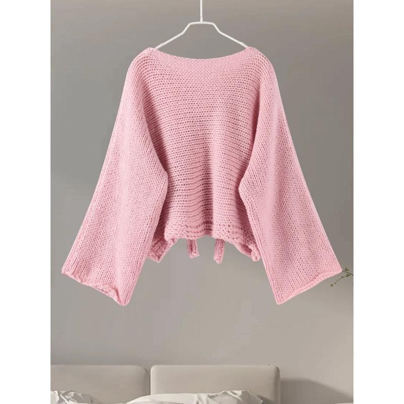 Женский осенне-зимний милый и симпатичный свитер с V-образным вырезом и бантом, вязаный свитер с объемной вязкой, кардиган, куртка