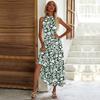 VEZFAA Women's Fashion Summer Spring Flower Pattern Print Sleeveless Hanging Neck High Waist Casual Dresses