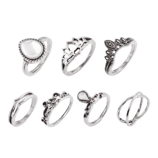 7 Pcs Vintage Women Hollow Carving Lotus Flower Waterdrop Knuckle Midi Rings Set AVE