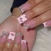 24PCS French Pink Glitters Short False Nail With Bows Design ABS Fake Nail Easy To Apply For Women Party Comfortable Wear