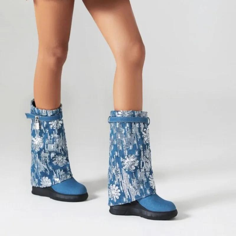 Женские брендовые дизайнерские туфли на высоком каблуке 2024 года, новые женские сапоги до середины голени с круглым носком, сексуальные женские сапоги до колена Pogen Botas De Mujer