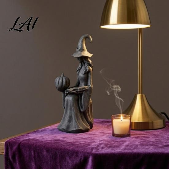 Gothic Home Decor Halloween Witch Statue Figurine with Pumpkin And Book Matte Black Spooky Garden Sculpture Sculpture Mantel Shelf Desk Decor,