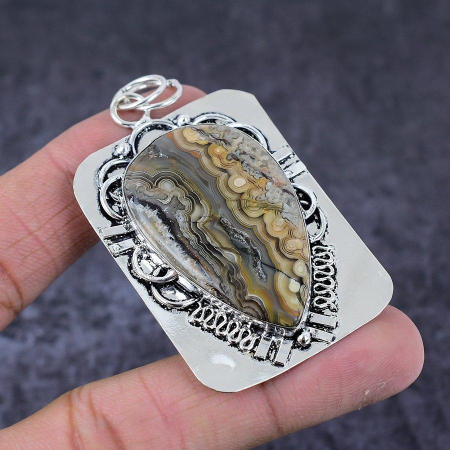 Crazy Lace Agate Gemstone Handmade 925 Sterling Silver Pendant 2.68" A3a33